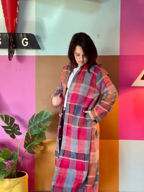 Long Muted Plaid Vintage Blanket Coat