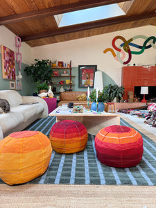 Striped Agave Silk Pouf Ottoman Yellow Orange
