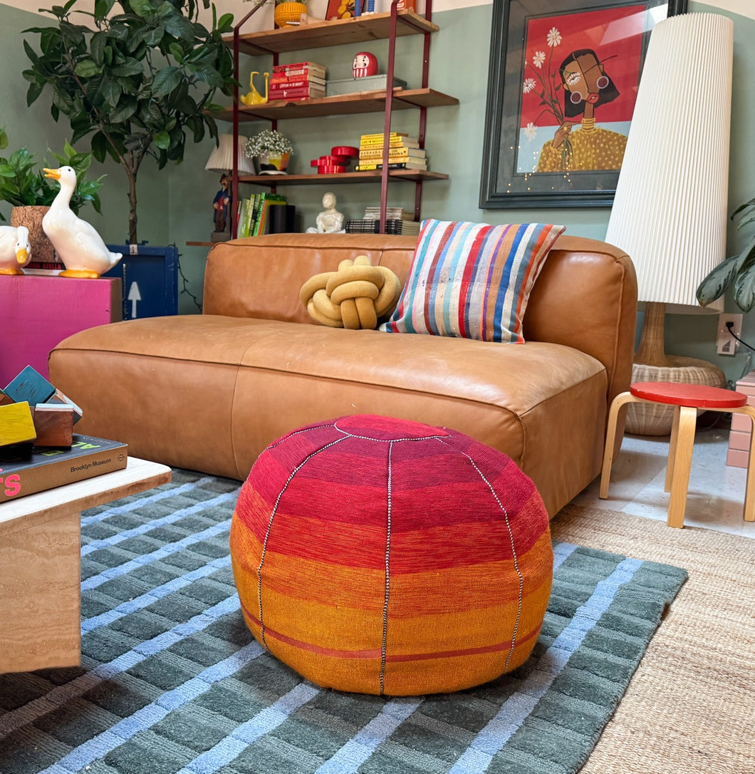 Striped Agave Silk Pouf Ottoman Orange to Red