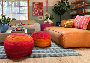 Striped Agave Silk Pouf Ottoman Orange to Red